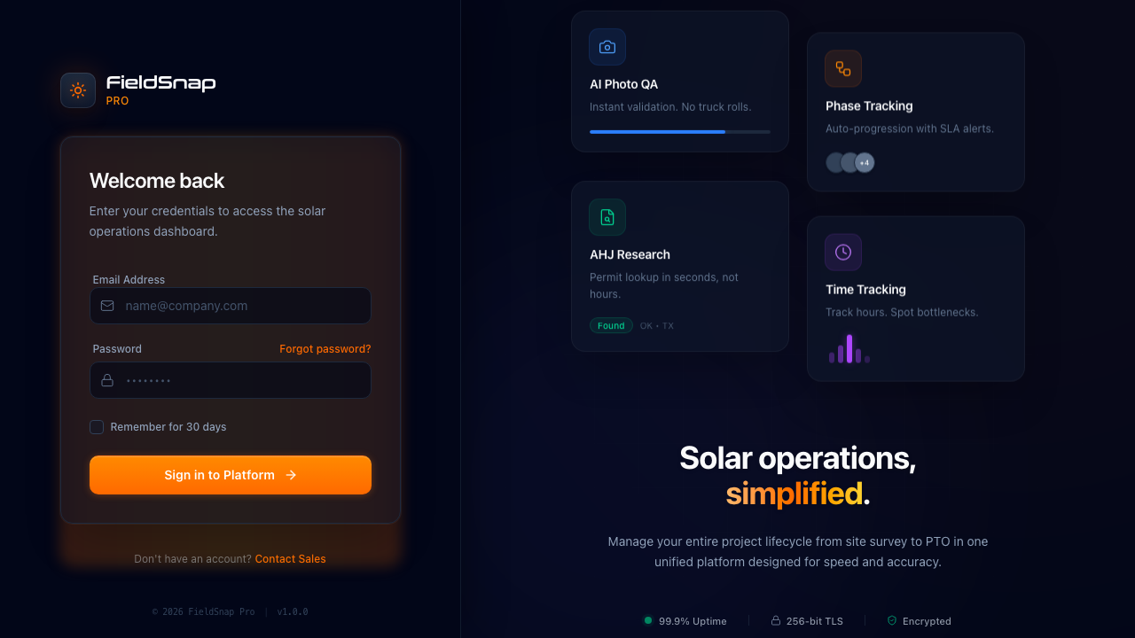 FieldSnap Pro platform showing AI Photo QA, Phase Tracking, AHJ Research, and Time Tracking features